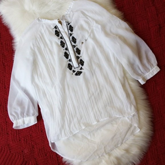 Democracy Top Women XL White Black V-neck Semi-sheer Lightweight Blouse - Picture 5 of 6